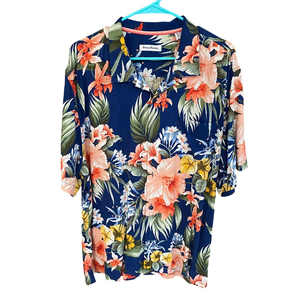 Tommy Bahama Mens XL Silk Floral Orchid Camp Shirt Navy Blue Short Sleeve Button